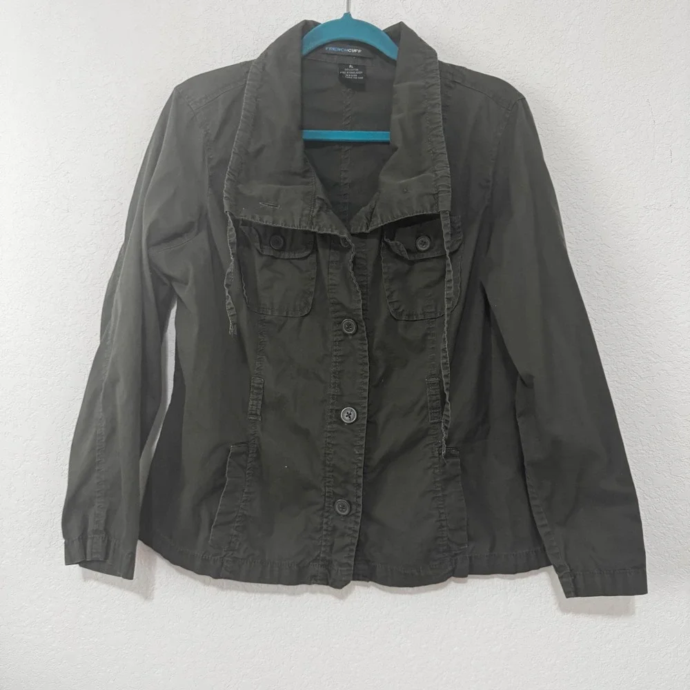 FRENCH CUFF Utility Jacket Olive‎ Green Button Front Cotton XL Women